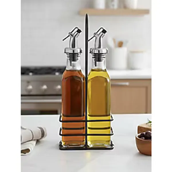 Berina Home 2'li Cam Zeytinyağlık & Sirkelik Seti - Metal Standlı, Şık Tasarım (500ML) Yağlık - Yağdanlık - Gri