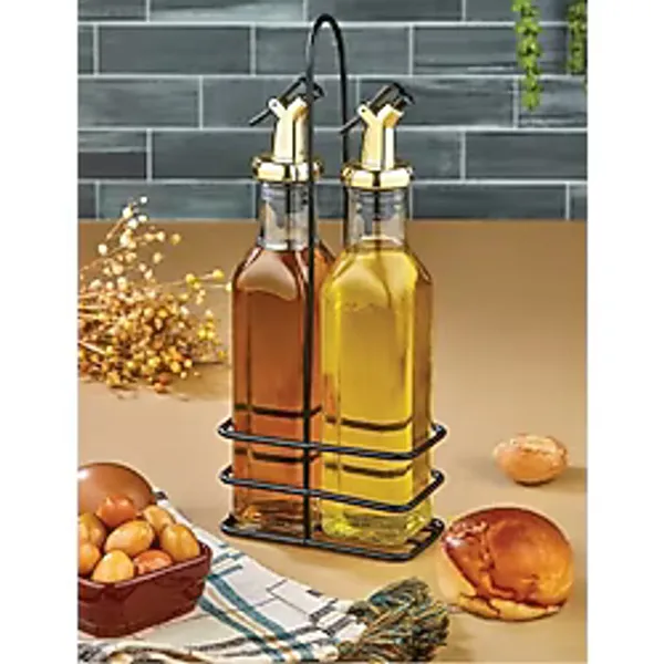 Berina Home 2'li Cam Zeytinyağlık & Sirkelik Seti - Metal Standlı, Şık Tasarım (500ML) Yağlık - Yağdanlık - Gold