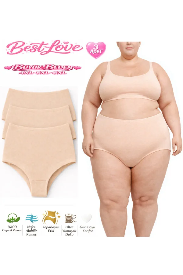 BEST LOVE KADIN KÜLOT, KADIN BÜYÜK BEDEN %100 PAMUKLU YÜKSEK BEL BATO KÜLOT 3'LÜ PAKET BEJ