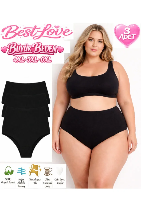 BEST LOVE KADIN KÜLOT, KADIN BÜYÜK BEDEN %100 PAMUKLU YÜKSEK BEL BATO KÜLOT 3'LÜ PAKET SİYAH