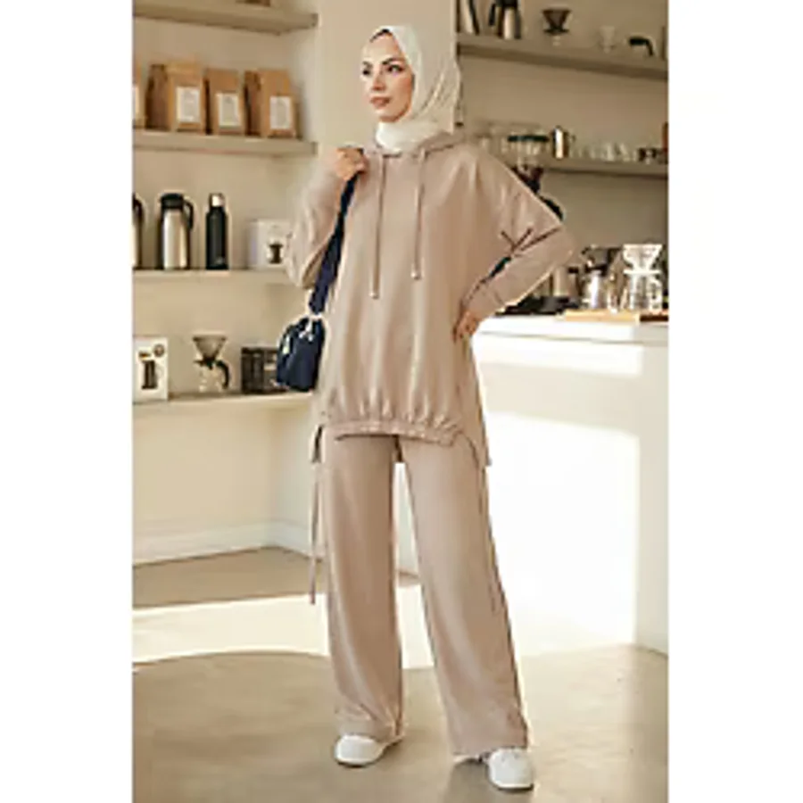 Bestenur Kapüşonlu Tunik Pantolon Takım 1682 - Vizon