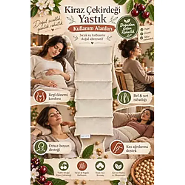 Bevaco Kiraz Çekirdeği Terapi Yastığı 20x50 cm Baskılı Doğal & El Yapımı Mikrodalgaya Uygun Boyun - Bel - Sırt Ağrısı için Geniş Isıtıcı