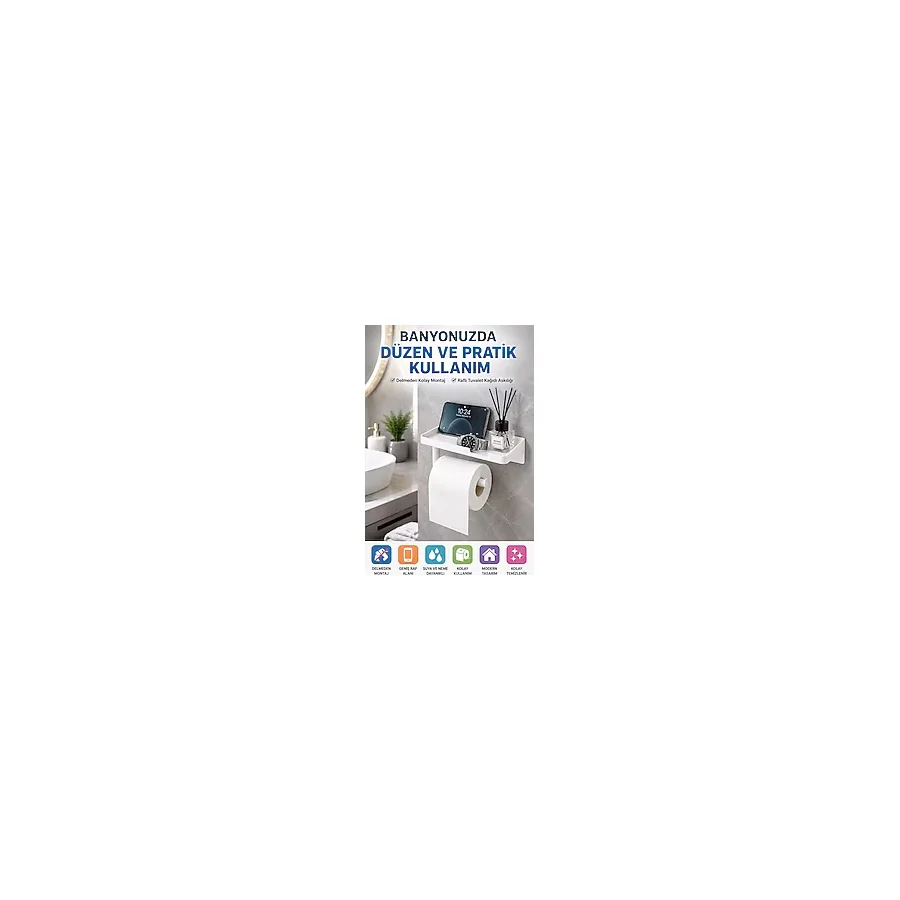 Beyaz Yapışkanlı Raflı Tuvalet Kağıdı Askılığı Delmeden Montaj Banyo Organizer Telefon Rafı Askısı
