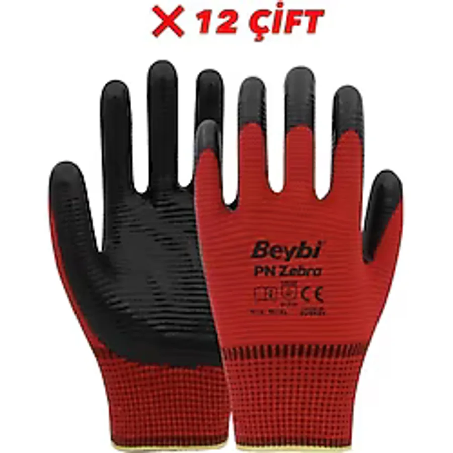 Beybi PN5 Zebra Polyester Örme Nitril İş Eldiveni 12 Çift