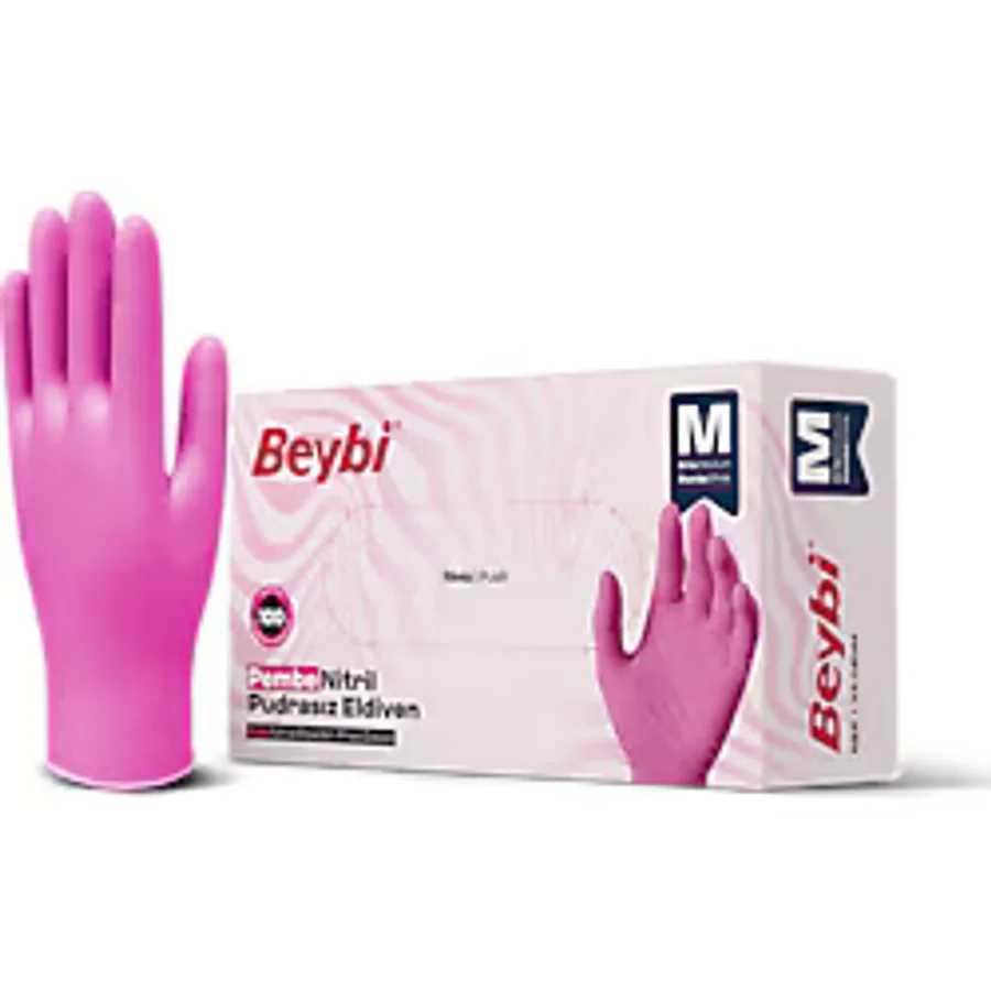 Beybi Pudrasız Pembe Nitril Eldiven - 100'lük Kutu S - Kutu