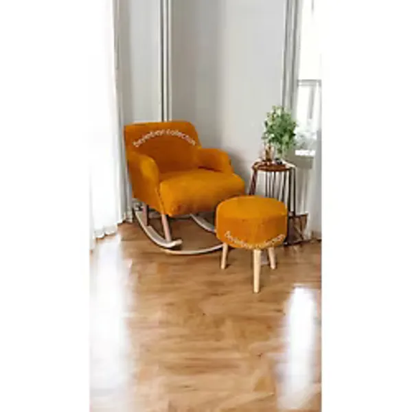 BEYLERBEYİ Berjer, Sallanan Ahşap Ayaklı turuncu Rengi Berjer, sallanan Koltuk, sallanan Sandalye -Puf Hediyeli