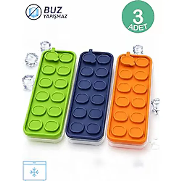 Beylini 3'lü Set Buz Kalıbı Kapaklı 12 Bölmeli Kolay Doldurulabilir Yapışmaz Basitçe Çıkarılır Yeni Nesil Silikon Bas Çıkar Buzluk Sunum Buz Kalıbı