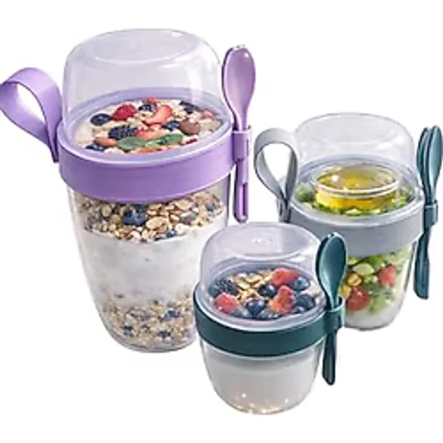 Beylini 3 Lü Set Taşınabilir Kaşık+Çatal Kapaklı Yoğurt Müsli Granola Yemek Diyet Saklama Kabı Take And Go Bardak Kahvaltı Salata Hazırla Çık - 3'Lü