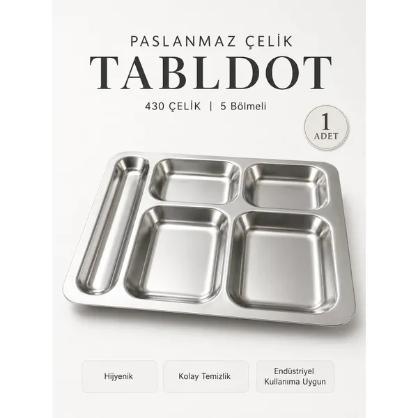 Beylini 5 Gözlü Tabldot Tabak Paslanmaz Çelik Self Servis Faturalı Garantili Fabrika Okul Ev Hastane Kırılmaz Metal Servis Tabağı