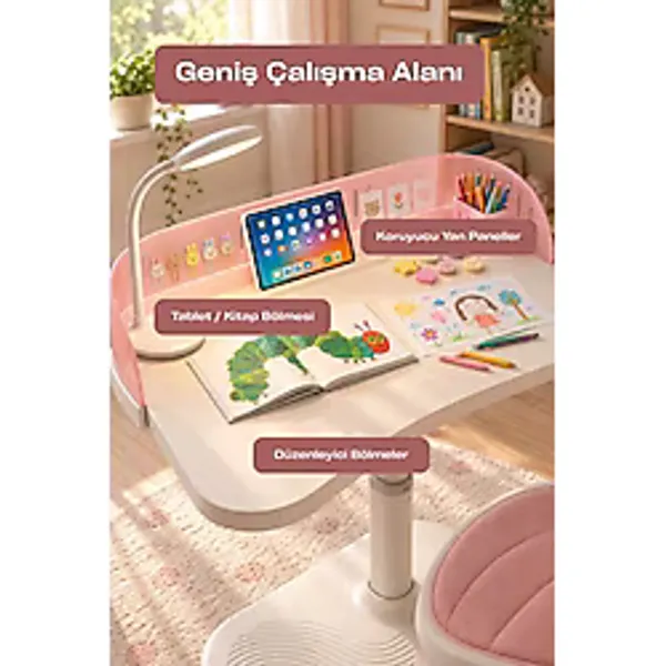 Beyzana LED Masa Lambalı Çocuk Çalışma Masası ve Ergonomik Sandalye Seti Ayarlanabilir Tasarım Mobil Masa - Pembe