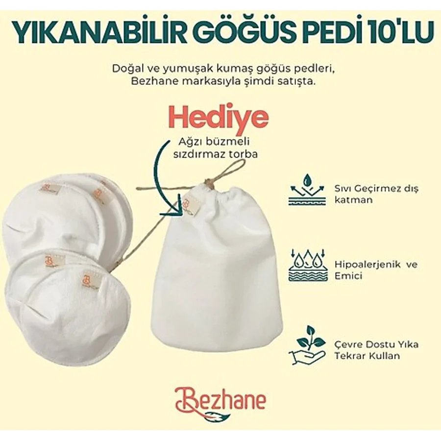 BEZHANE Yıkanabilir 10'lu Kumaş Göğüs Pedi