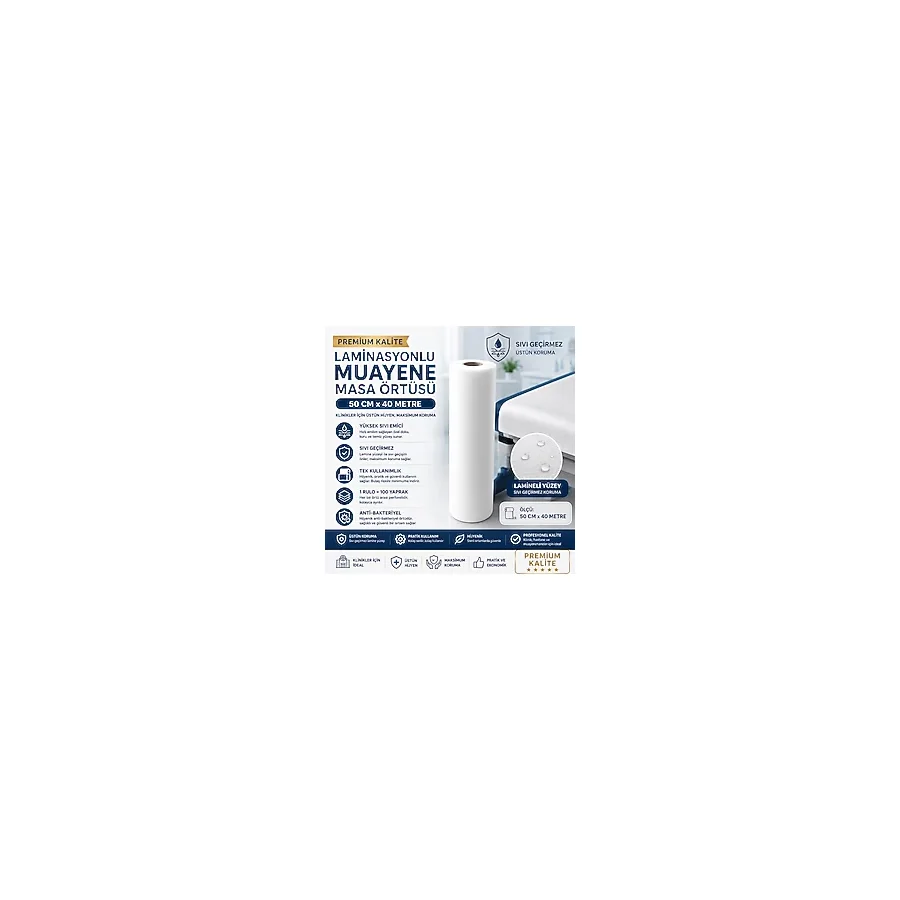 Bezos Premium Laminasyonlu Muayene Masa Örtüsü 50 cm x 40 Metre Lamineli Muayene Masa Sedye Örtüsü 1 Rulo 100 Yaprak Hijyenik Muayene Örtüsü