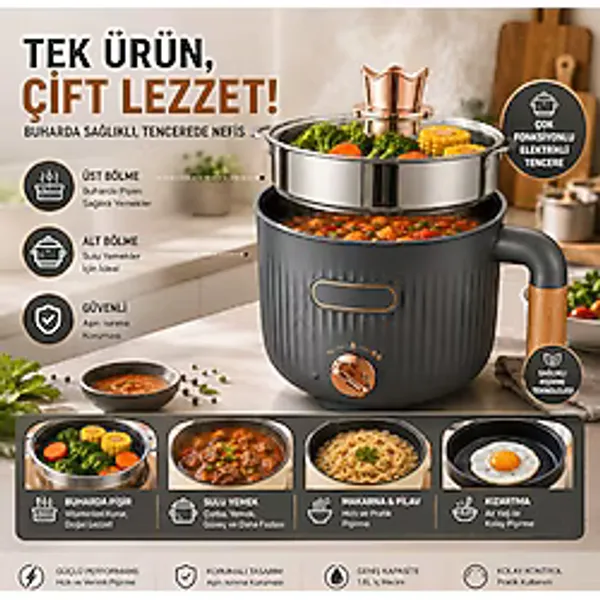 BGG Tech Elektrikli Çelik Tencere 1.6l Çok Amaçlı Mini Taşınabilir Buharlı Yemek Pişirme Makinesi - Antrasit