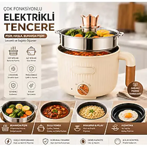 BGG Tech Elektrikli Çelik Tencere 1.6l Çok Amaçlı Mini Taşınabilir Buharlı Yemek Pişirme Makinesi - Bej