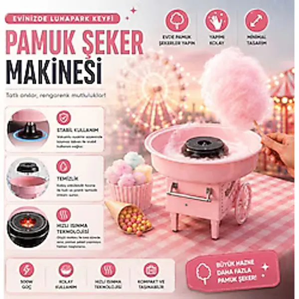 BGG Tech Ev Tipi Pamuk Şeker Makinesi Elektrikli Pratik Şeker Pamuğu Yapma Makinesi - Pembe