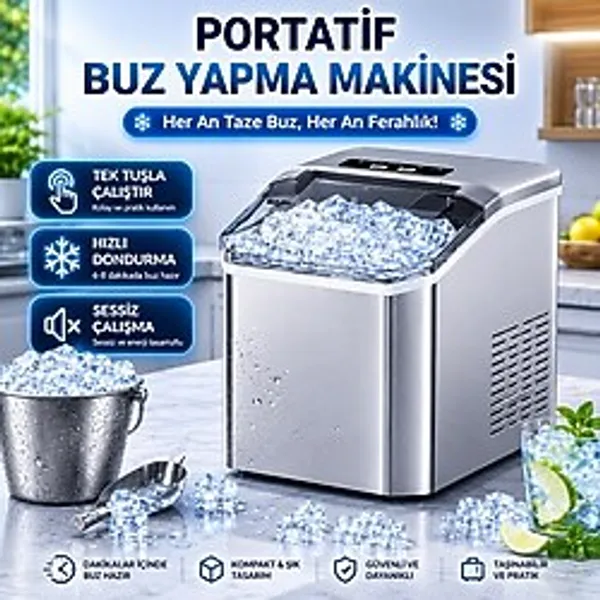 BGG Tech Hızlı Buz Yapma Makinesi Taşınabilir Otomatik Buz Üretici Hızlı ve Pratik Kullanım - Gri