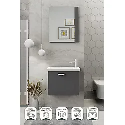 BIANI Fix Maxila 60 Cm Banyo Dolabı,Seramik Lavabolu,Aynalı,Lavabo Dahil,Mdf,Mat Gri