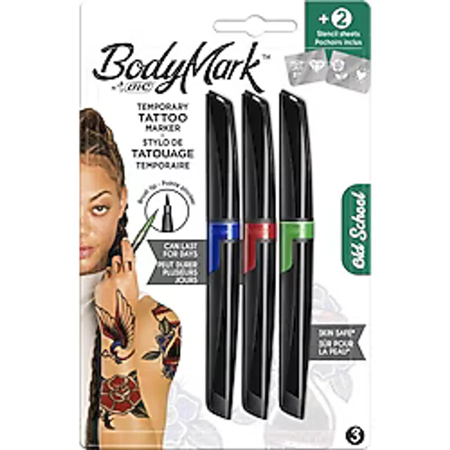 BIC BodyMark Geçici Dövme Kalemi, Mavi/Yeşil/Kırmızı 3'lü Blister