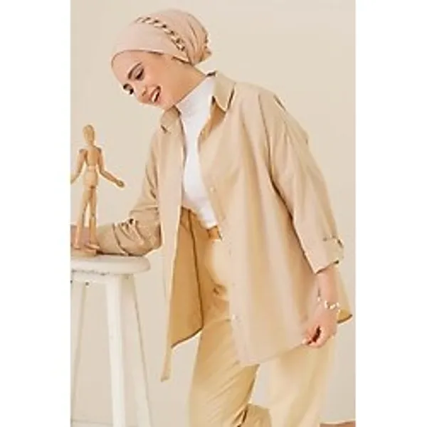 Bigdart 103901 Oversize Basic Tesettür Gömlek - Krem - 36
