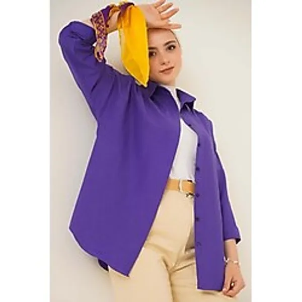 Bigdart Oversize Basic 103901 Tesettür Gömlek Mor Renk Düz Desen Günlük Stil Uzun Kol - 36