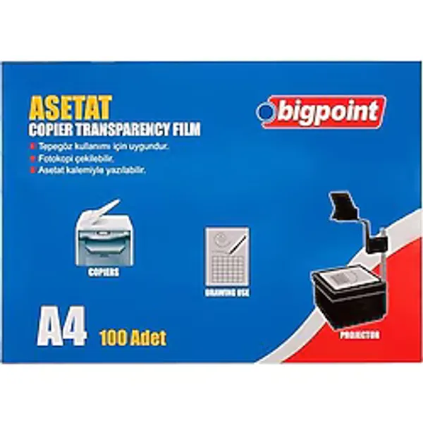 Bigpoint (Bp692) Asetat Kağıdı 100 Micron A4 100 Adet Tepegöz Kullanımına Uygun Şeffaf Renkli