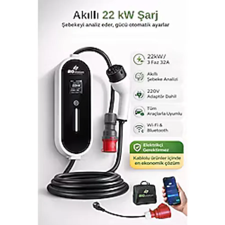 BIGstation 11kW 22kW Akıllı Taşınabilir Araç Şarj Cihazı - Şebeke Analizi, Wi-Fi & Bluetooth, 220V Adaptör Dahil, Tüm Araçlarla Uyumlu (Kablolu) - 3Metre