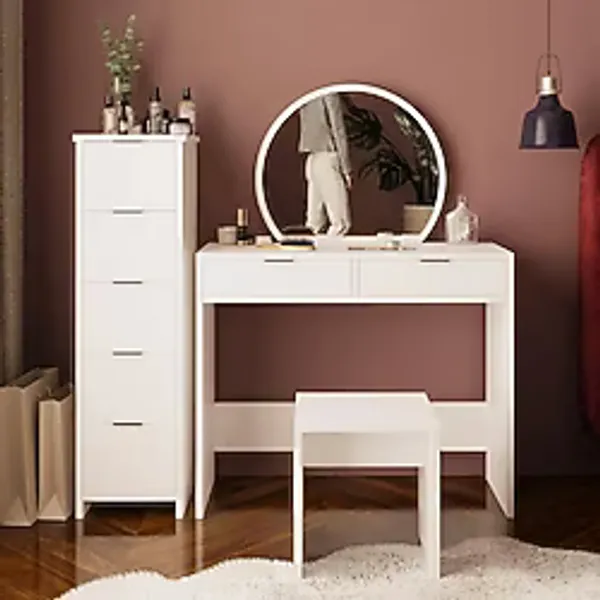 Bimossa Flora U2050 Beyaz 5+2 Çekmeceli Aynalı Makyaj Masası Seti Tabureli