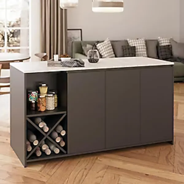 Bimossa Gustav L4730 Mutfak Adası 160 cm - Carrara Mermer Antrasit, Şaraplık, Bar Masası, Çok Amaçlı Depolamalı Dolap - Mermer - Gri - 160x92x68