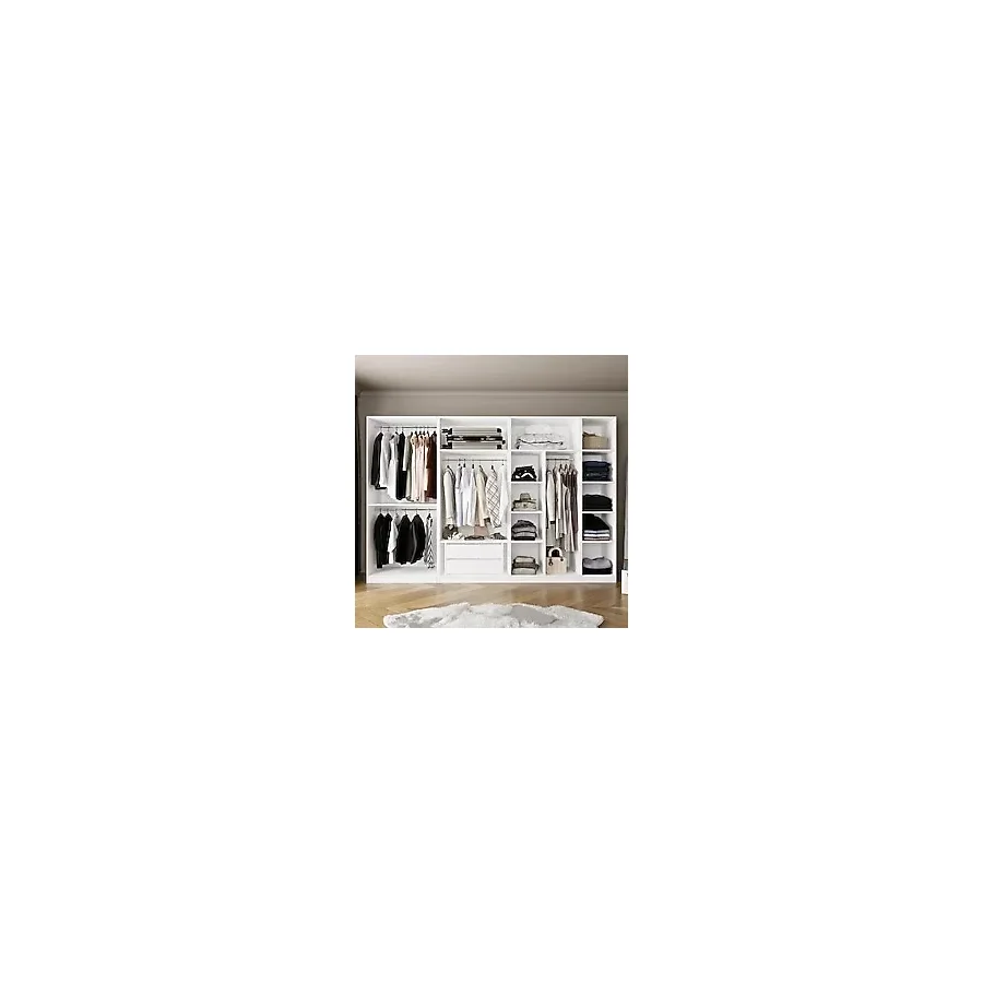 Bimossa Kf1040 Goss 315 Cm, Modüler Açık Gardırop, 3 Askılı + 1 Boy Askılı, Raflı, 2 Çekmeceli Geniş Dolap Beyaz
