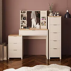 Bimossa T3060 İzabel Çekmeceli Dolaplı Makyaj Masası Sepet-kumtaşı Aynalı, 3 Çekmeceli Yan Dolaplı, Raflı Ceviz