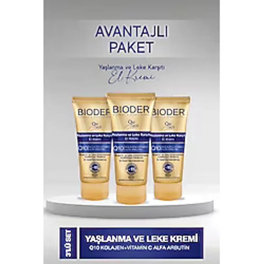 Bioder Yaşlanma ve Leke Karşıtı El Kremi - Kolajen Q10 Arbutin C Vitamini Spf 15 3'lü 50 ml
