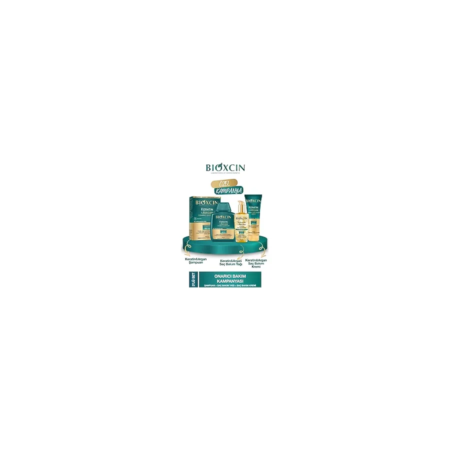 Bioxcin Keratin & Argan Onarıcı Saç Bakım Seti 300ml + Keratin Argan Saç Bakım Yağı + Saç Kremi