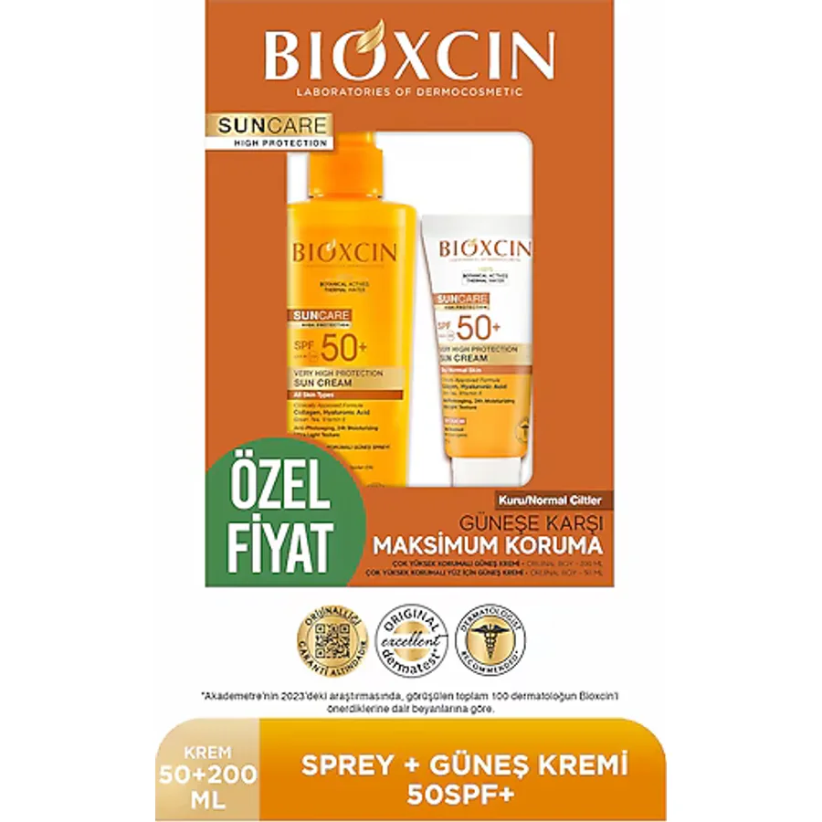 Bioxcin Sun Care Spf 50 Yüz Güneş Kremi 50 ml Kuru ve Normal Cilt + Vücut Güneş Spreyi 200 Ml Avantaj Seti
