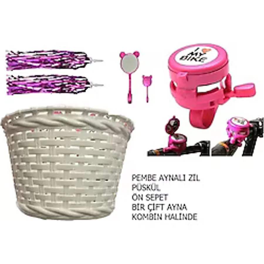 Bisiklet Çocuk Sepet - Aynalı Zil - Püskül - Ayna Dekoratif Set Pembe