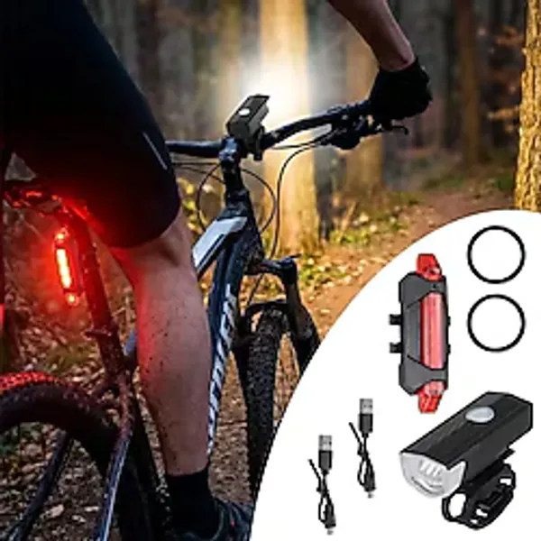 Bisiklet Işık Seti - USB Şarjlı LED Ön Far + Arka Stop Lambası, Su Geçirmez Bisiklet Aydınlatma Seti (4604)