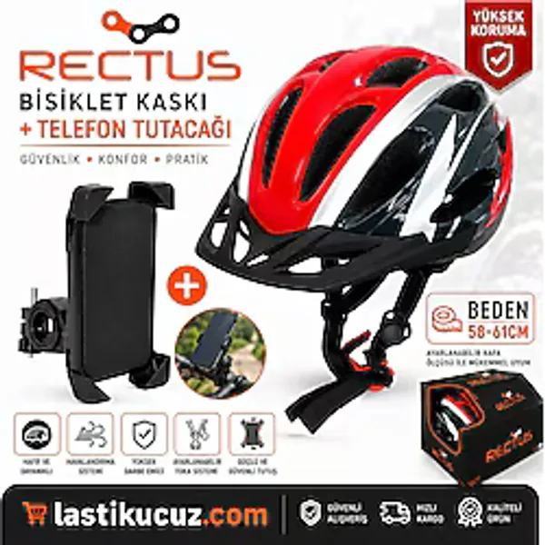 BİSİKLET KASKI (KIRMIZI SİYAH YETİŞKİN VİZÖRLÜ LED IŞIKLI BEDEN 58/61 + 1 ADET TELEFON TUTUCU)