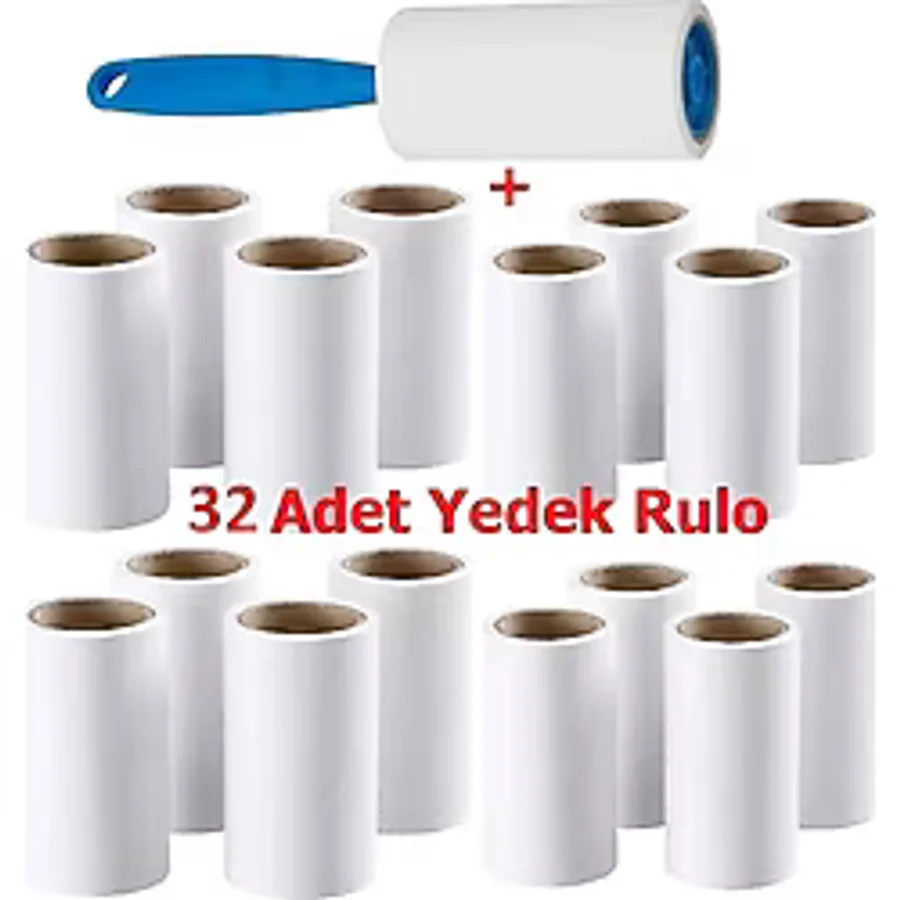 Bizimevde 32 Adet 60 Yaprak Rulo 1 Adet Sap 32 Adet 60 Yapraklı Tüy Toplama Alma Rulosu Kedi Köpek Kıl Yün Toplama Bandı