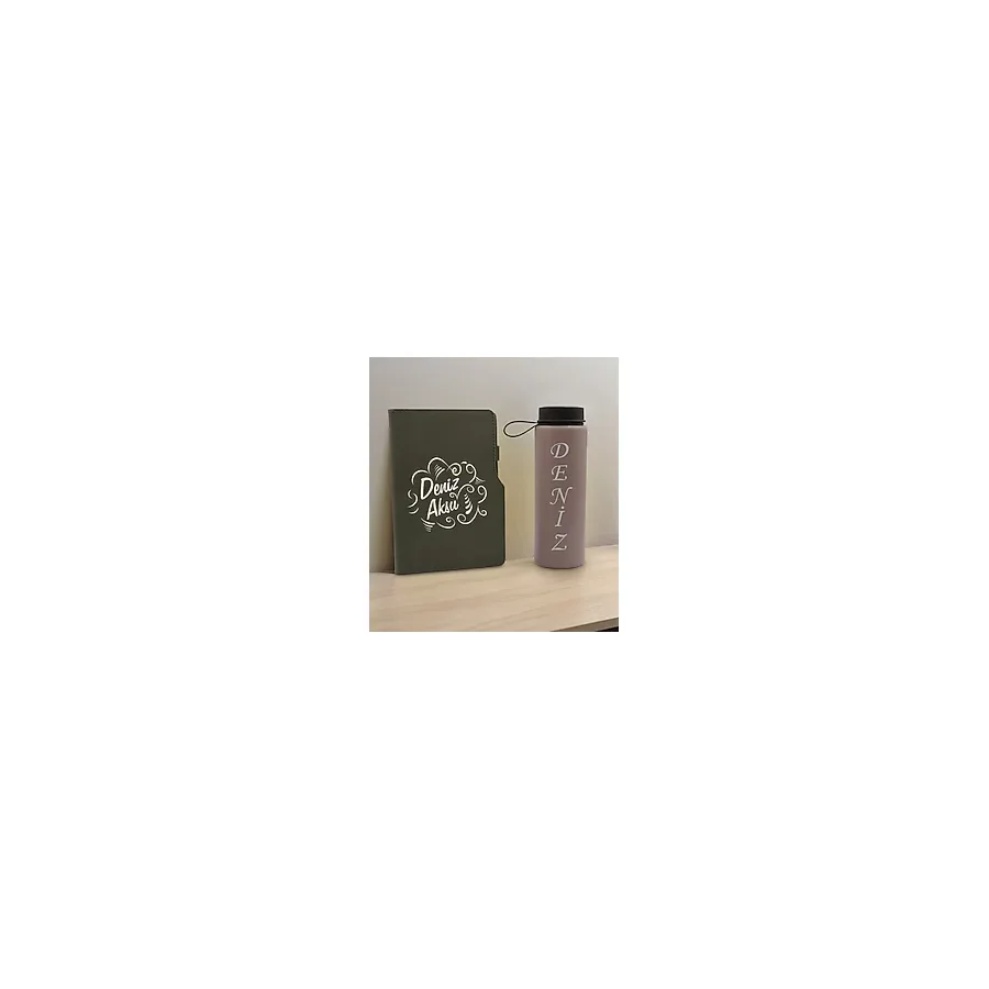 Bk Gift Kişiye Özel Isimli Mat Gri Termo Deri Defter ve Cam Matara Hediye Seti-4, Sevgiliye Hediye, Arkadaşa Hediye, Yeni Iş Hediyesi