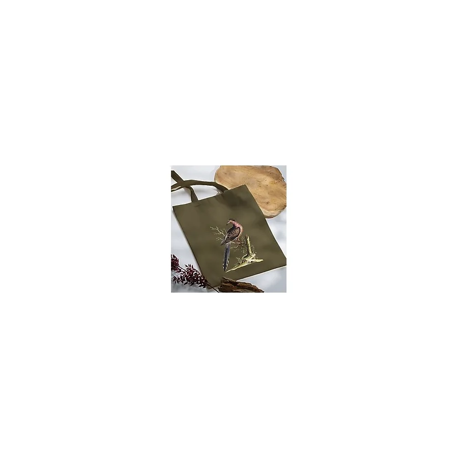 Bk Gift Kuş Tasarımlı-1 Haki Kumaş Bez Çanta Baskılı Omuz Çantası