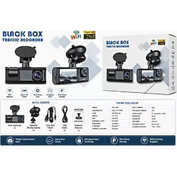 Black Box Traffic Recorder Wifi Araç Içi Kamera Full Hd 1080P Ekranlı Çift Kameralı Dash Cam Gece Görüşlü Yol Kayıt Cihazı - Siyah