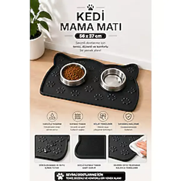 Black Gold Kedi Beslenme Paspası Kedi Mama Matı Figürlü Yıkanabilir 56X37 - Siyah