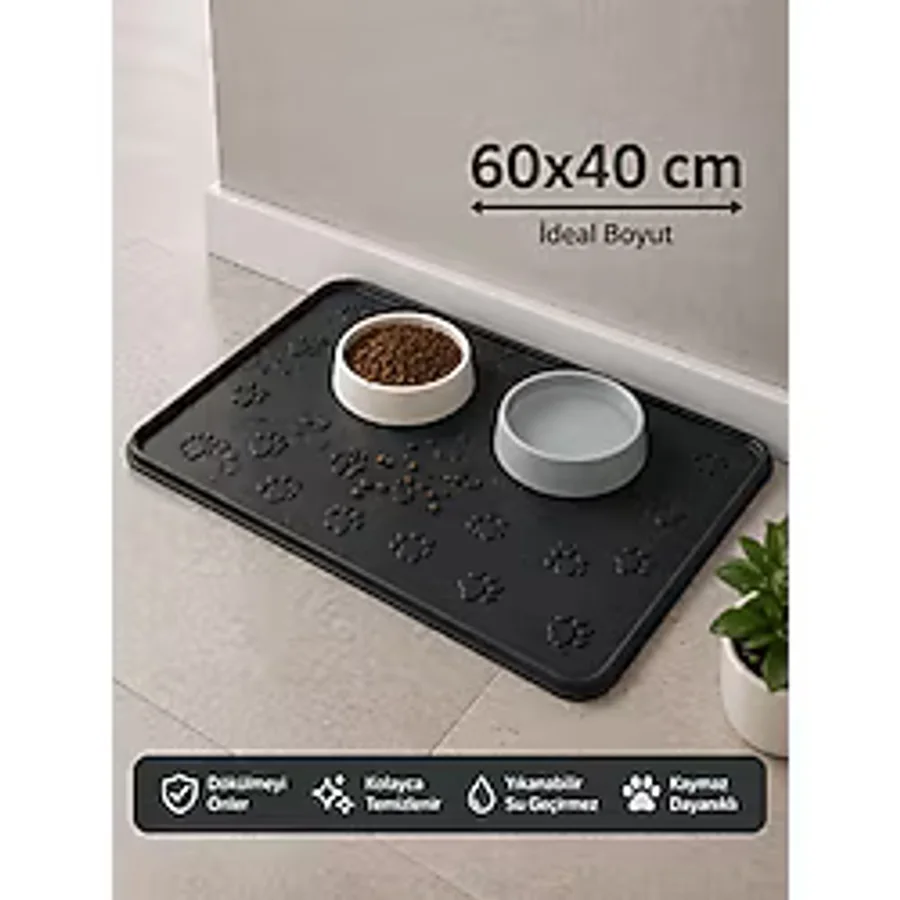 Black Gold Kedi Köpek Mama Matı Havuzlu Yıkanabilir Kaymaz Evcil Hayvan Beslenme Matı Kedi Kumu Paspası 40X60 - Siyah