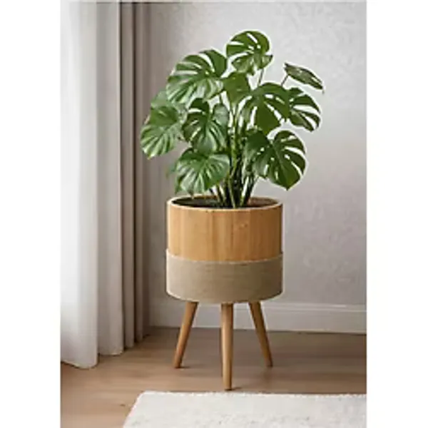 BLACK PEARL Bambu Saksı Sepeti Ahşap Ayaklı Saksı 30 cm büyük boy