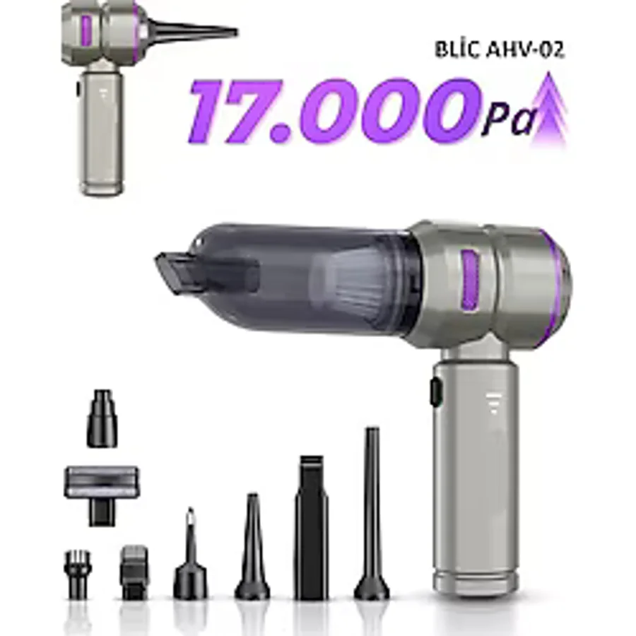 Blic Ahv-02 2 In 1 Araç Içi Mini Süpürge & Hava Üfleme Makinesi 17.000 Pa Çekim Gücü Fırçasız Motor Gri -Mor - SİYAH - GRİ - ANTRESIT