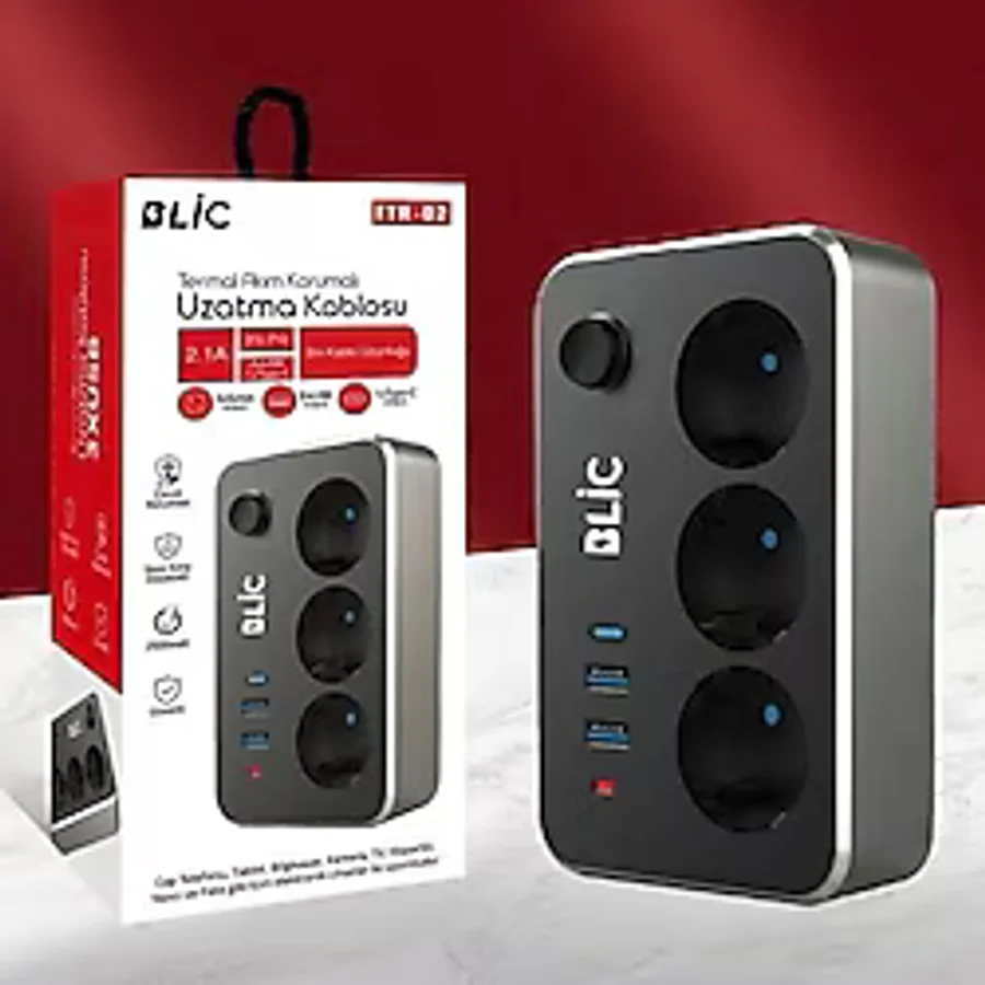 Blic Termal Akım Korumalı 3'lü Priz ve USB Şarj Istasyonu 2 Usb, 1 Type-C Ofis Ev - Siyah