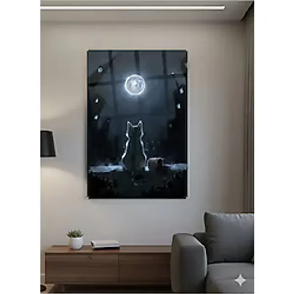 BLT DİZAYN Romantik Ay Işığı ve Kedi Tasarım Poster - Duvar Dekorasyonu
