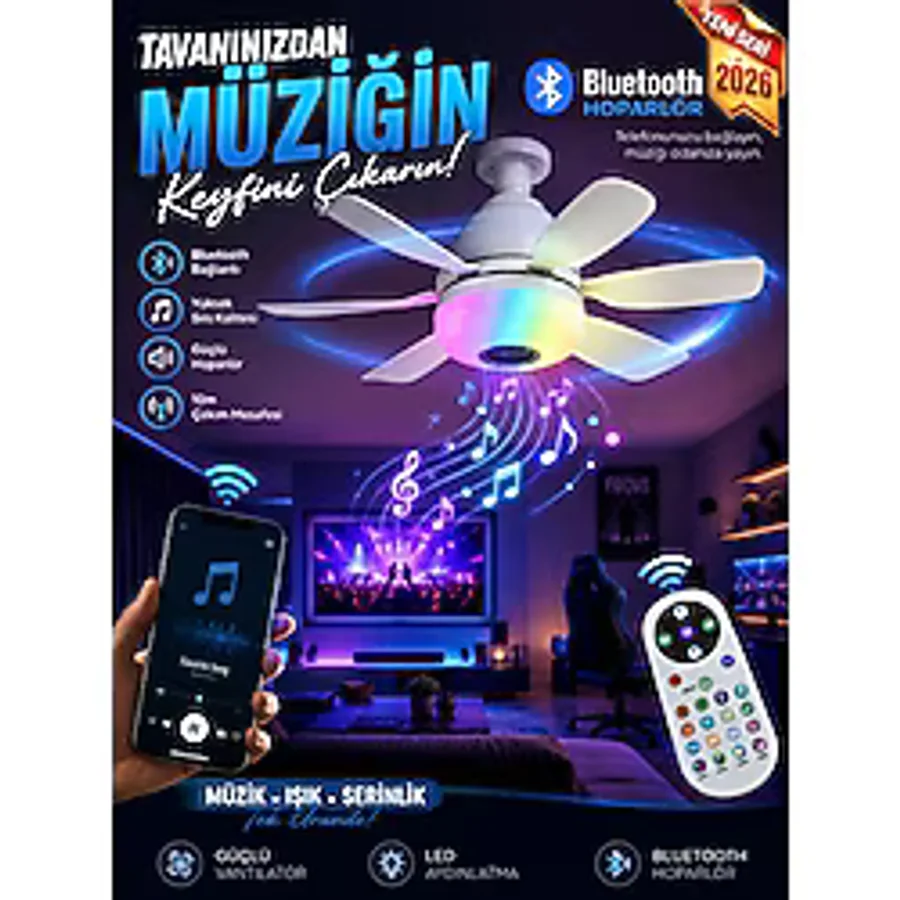 Bluetooth Müzikli Akıllı Rgb Renkli LED Işık Sessiz Motor Gece Modlu 6 Kanat Tavan Vantilatörü - Beyaz