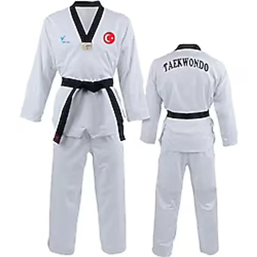 Bluu Ay Yıldız Baskılı Siyah Yaka Taekwondo Elbisesi Dobok Tekvando Elbisesi (Beyaz, 100)