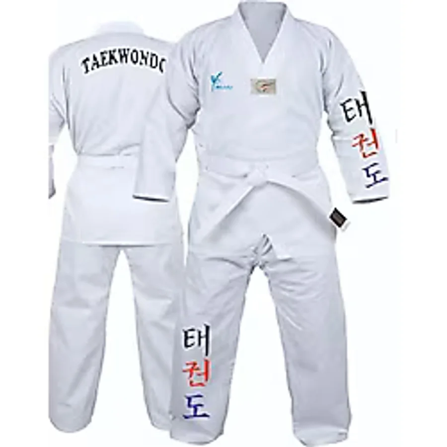 Bluu Korece Baskılı Beyaz Yaka Acemi Taekwondo Elbisesi Dobok Tekvando Elbisesi (Beyaz, 190)