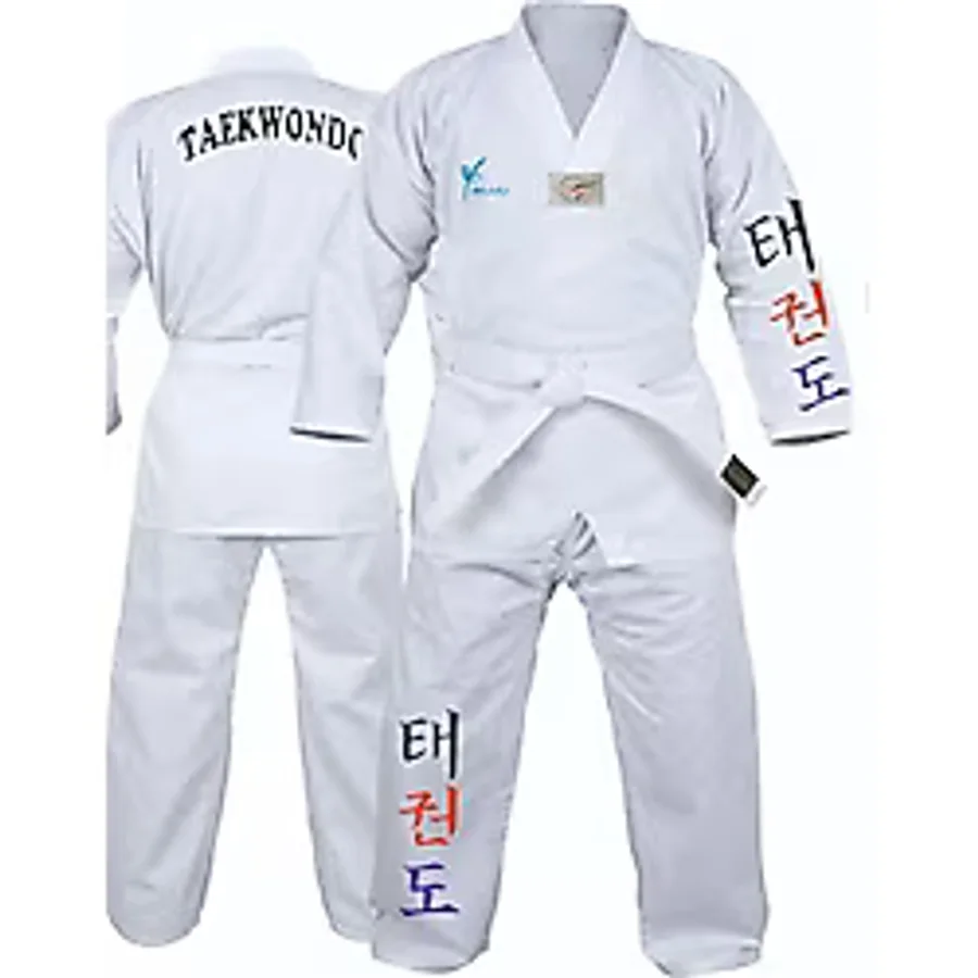 Bluu Korece Baskılı Beyaz Yaka Acemi Taekwondo Elbisesi Dobok Tekvando Elbisesi (Beyaz, 180)